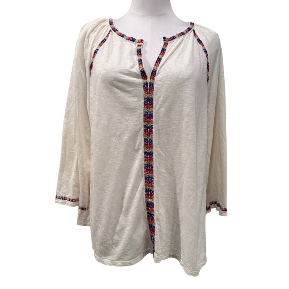 J.Jill Cream Embroidered Trim Tunic Long Sleeve Top Medium Cotton Tencel Boho